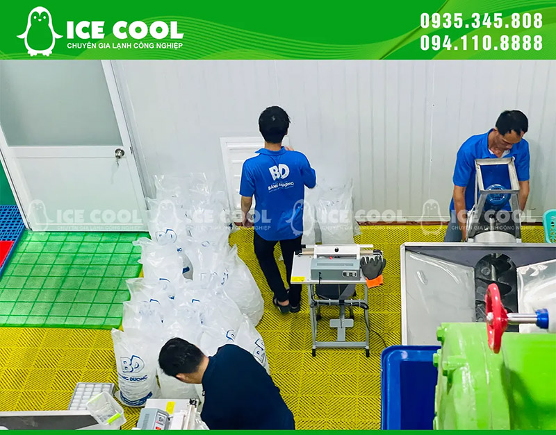 Các công nhân đang tích cực đóng gói đá viên để gửi đến cho khách hàng